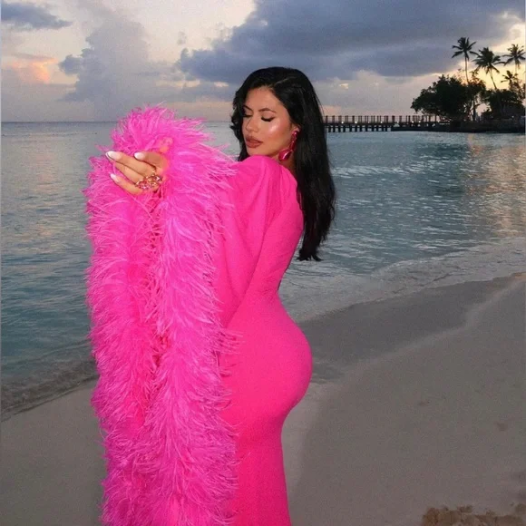 AKIRA BRING THE DRAMA ONE SLEEVE FEATHER DRESS. SIZE XL - Picture 11 of 16